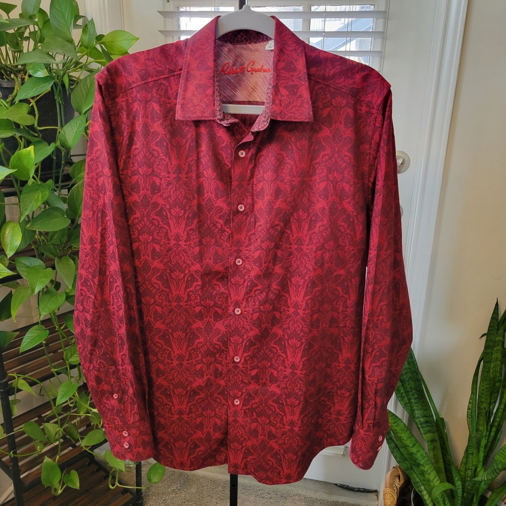 Robert Graham Mens Burgundy Red Damask Floral Long Sleeve Button Down Shirt L
